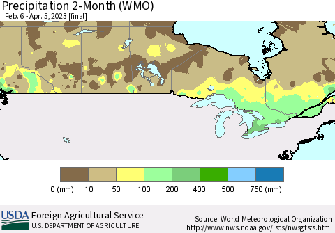 Canada Precipitation 2-Month (WMO) Thematic Map For 2/6/2023 - 4/5/2023