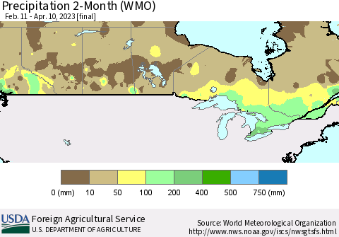 Canada Precipitation 2-Month (WMO) Thematic Map For 2/11/2023 - 4/10/2023