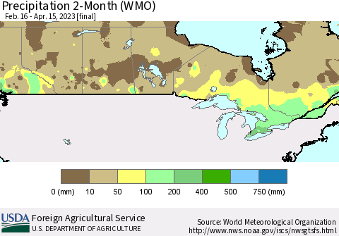 Canada Precipitation 2-Month (WMO) Thematic Map For 2/16/2023 - 4/15/2023