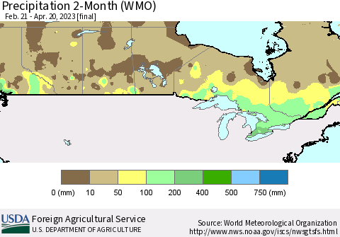 Canada Precipitation 2-Month (WMO) Thematic Map For 2/21/2023 - 4/20/2023
