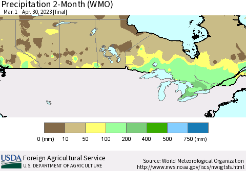 Canada Precipitation 2-Month (WMO) Thematic Map For 3/1/2023 - 4/30/2023