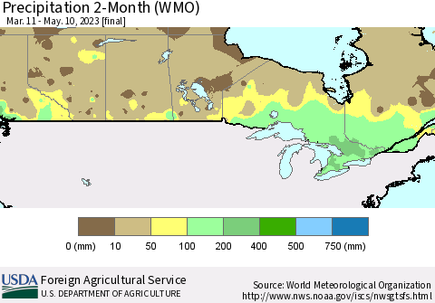 Canada Precipitation 2-Month (WMO) Thematic Map For 3/11/2023 - 5/10/2023