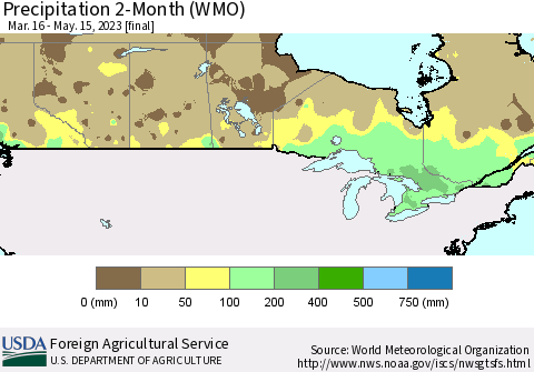 Canada Precipitation 2-Month (WMO) Thematic Map For 3/16/2023 - 5/15/2023