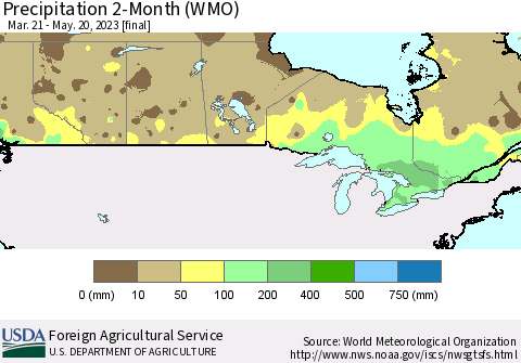 Canada Precipitation 2-Month (WMO) Thematic Map For 3/21/2023 - 5/20/2023