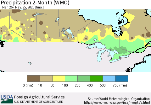 Canada Precipitation 2-Month (WMO) Thematic Map For 3/26/2023 - 5/25/2023