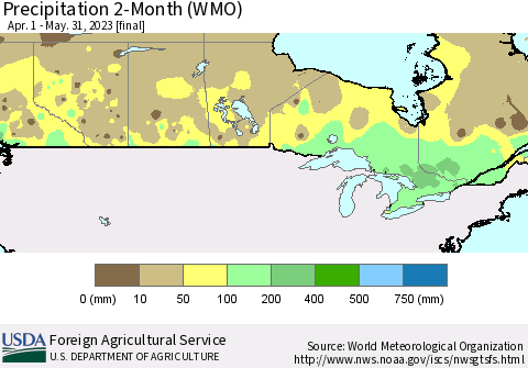 Canada Precipitation 2-Month (WMO) Thematic Map For 4/1/2023 - 5/31/2023