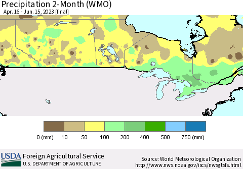 Canada Precipitation 2-Month (WMO) Thematic Map For 4/16/2023 - 6/15/2023