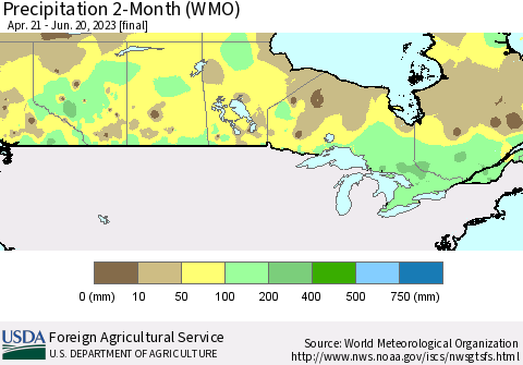 Canada Precipitation 2-Month (WMO) Thematic Map For 4/21/2023 - 6/20/2023