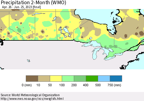 Canada Precipitation 2-Month (WMO) Thematic Map For 4/26/2023 - 6/25/2023
