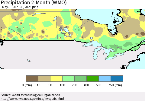 Canada Precipitation 2-Month (WMO) Thematic Map For 5/1/2023 - 6/30/2023