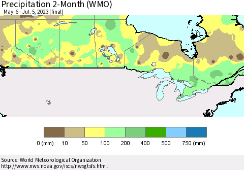 Canada Precipitation 2-Month (WMO) Thematic Map For 5/6/2023 - 7/5/2023