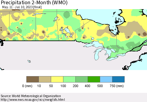 Canada Precipitation 2-Month (WMO) Thematic Map For 5/11/2023 - 7/10/2023