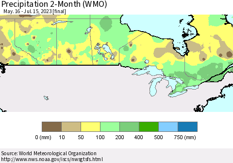 Canada Precipitation 2-Month (WMO) Thematic Map For 5/16/2023 - 7/15/2023