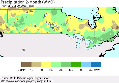 Canada Precipitation 2-Month (WMO) Thematic Map For 5/21/2023 - 7/20/2023