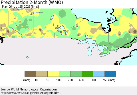 Canada Precipitation 2-Month (WMO) Thematic Map For 5/26/2023 - 7/25/2023