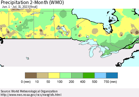 Canada Precipitation 2-Month (WMO) Thematic Map For 6/1/2023 - 7/31/2023