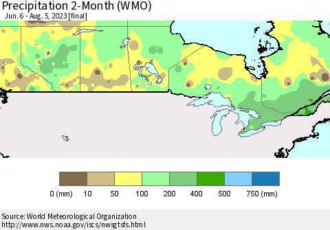 Canada Precipitation 2-Month (WMO) Thematic Map For 6/6/2023 - 8/5/2023