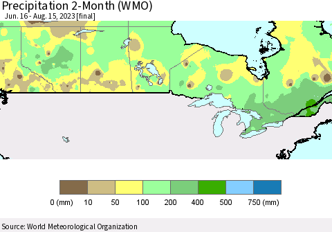 Canada Precipitation 2-Month (WMO) Thematic Map For 6/16/2023 - 8/15/2023