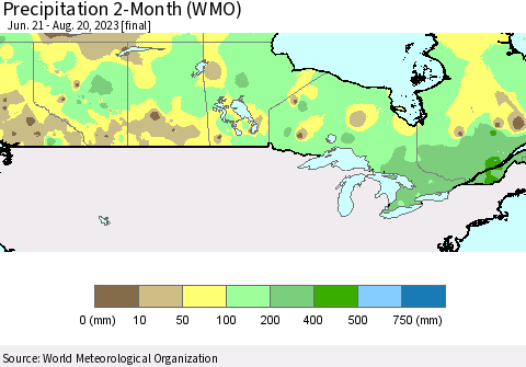 Canada Precipitation 2-Month (WMO) Thematic Map For 6/21/2023 - 8/20/2023