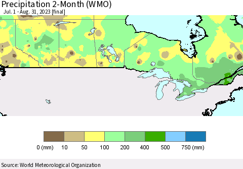 Canada Precipitation 2-Month (WMO) Thematic Map For 7/1/2023 - 8/31/2023