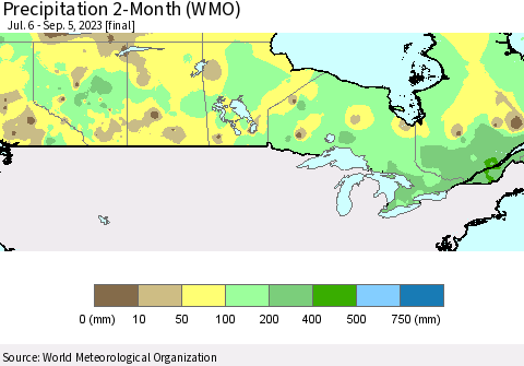 Canada Precipitation 2-Month (WMO) Thematic Map For 7/6/2023 - 9/5/2023