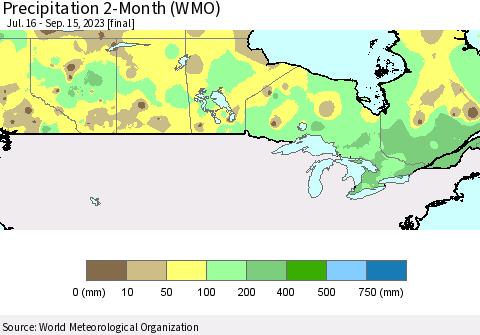 Canada Precipitation 2-Month (WMO) Thematic Map For 7/16/2023 - 9/15/2023
