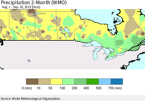 Canada Precipitation 2-Month (WMO) Thematic Map For 8/1/2023 - 9/30/2023