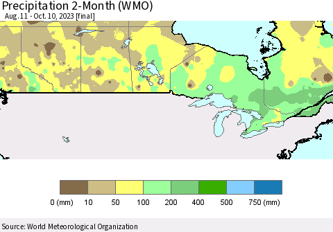 Canada Precipitation 2-Month (WMO) Thematic Map For 8/11/2023 - 10/10/2023