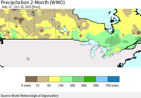 Canada Precipitation 2-Month (WMO) Thematic Map For 8/21/2023 - 10/20/2023