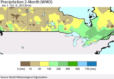 Canada Precipitation 2-Month (WMO) Thematic Map For 9/1/2023 - 10/31/2023