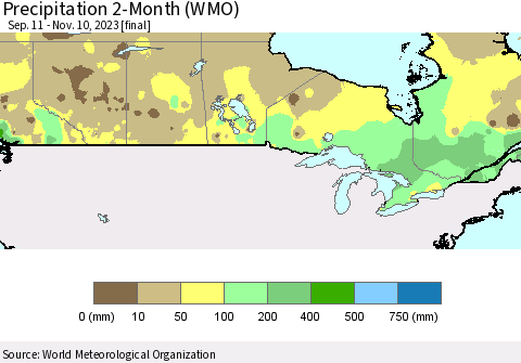 Canada Precipitation 2-Month (WMO) Thematic Map For 9/11/2023 - 11/10/2023