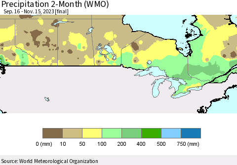 Canada Precipitation 2-Month (WMO) Thematic Map For 9/16/2023 - 11/15/2023