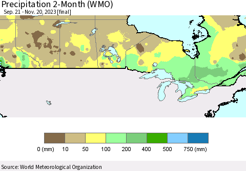Canada Precipitation 2-Month (WMO) Thematic Map For 9/21/2023 - 11/20/2023