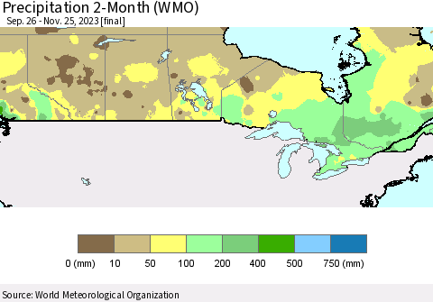 Canada Precipitation 2-Month (WMO) Thematic Map For 9/26/2023 - 11/25/2023