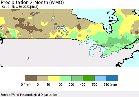 Canada Precipitation 2-Month (WMO) Thematic Map For 10/1/2023 - 11/30/2023