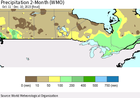 Canada Precipitation 2-Month (WMO) Thematic Map For 10/11/2023 - 12/10/2023
