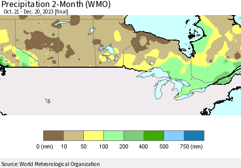 Canada Precipitation 2-Month (WMO) Thematic Map For 10/21/2023 - 12/20/2023