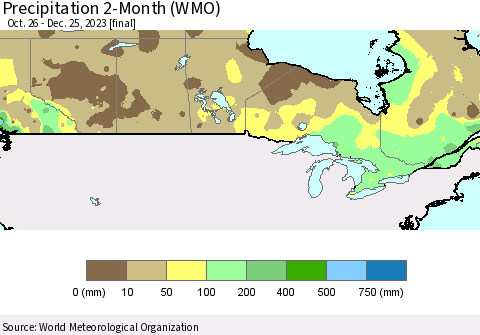 Canada Precipitation 2-Month (WMO) Thematic Map For 10/26/2023 - 12/25/2023