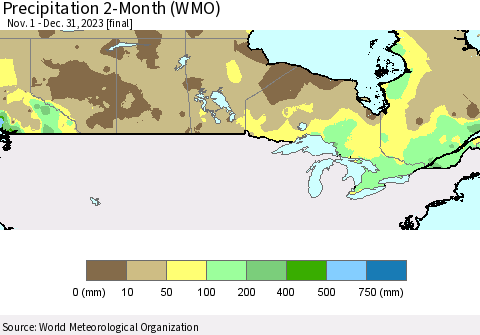 Canada Precipitation 2-Month (WMO) Thematic Map For 11/1/2023 - 12/31/2023