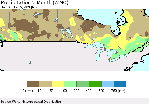 Canada Precipitation 2-Month (WMO) Thematic Map For 11/6/2023 - 1/5/2024