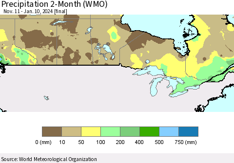 Canada Precipitation 2-Month (WMO) Thematic Map For 11/11/2023 - 1/10/2024
