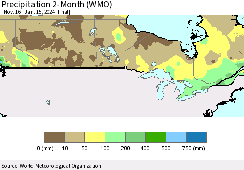 Canada Precipitation 2-Month (WMO) Thematic Map For 11/16/2023 - 1/15/2024