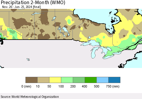 Canada Precipitation 2-Month (WMO) Thematic Map For 11/26/2023 - 1/25/2024