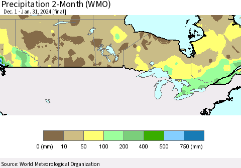 Canada Precipitation 2-Month (WMO) Thematic Map For 12/1/2023 - 1/31/2024