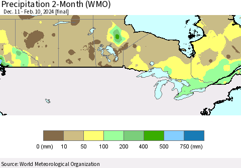 Canada Precipitation 2-Month (WMO) Thematic Map For 12/11/2023 - 2/10/2024