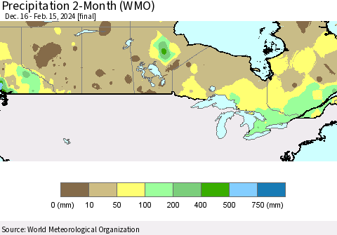 Canada Precipitation 2-Month (WMO) Thematic Map For 12/16/2023 - 2/15/2024