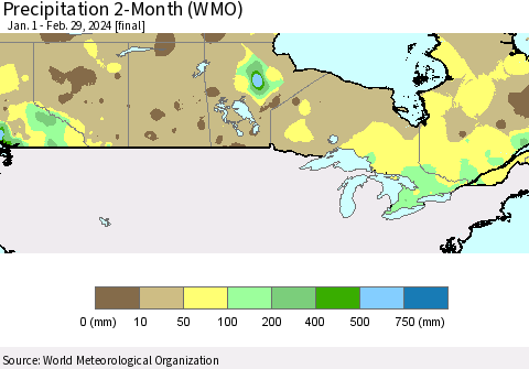 Canada Precipitation 2-Month (WMO) Thematic Map For 1/1/2024 - 2/29/2024