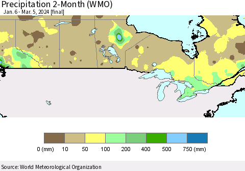 Canada Precipitation 2-Month (WMO) Thematic Map For 1/6/2024 - 3/5/2024
