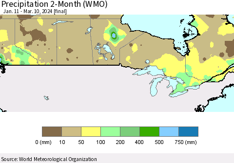 Canada Precipitation 2-Month (WMO) Thematic Map For 1/11/2024 - 3/10/2024