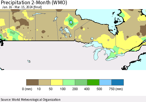 Canada Precipitation 2-Month (WMO) Thematic Map For 1/16/2024 - 3/15/2024